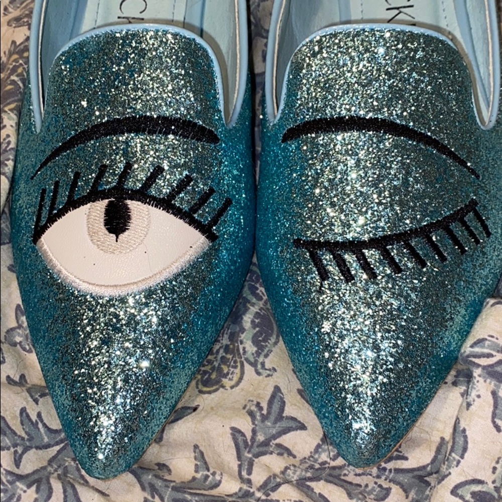 Teal/blue flats with silver heel